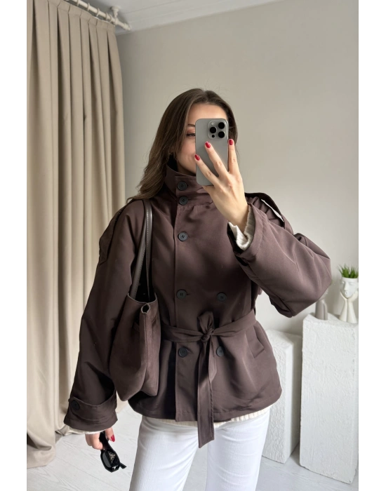 Kahve Dik Yaka Trençkot