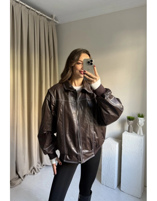 Kahve Dikiş Detaylı Premium Deri Ceket