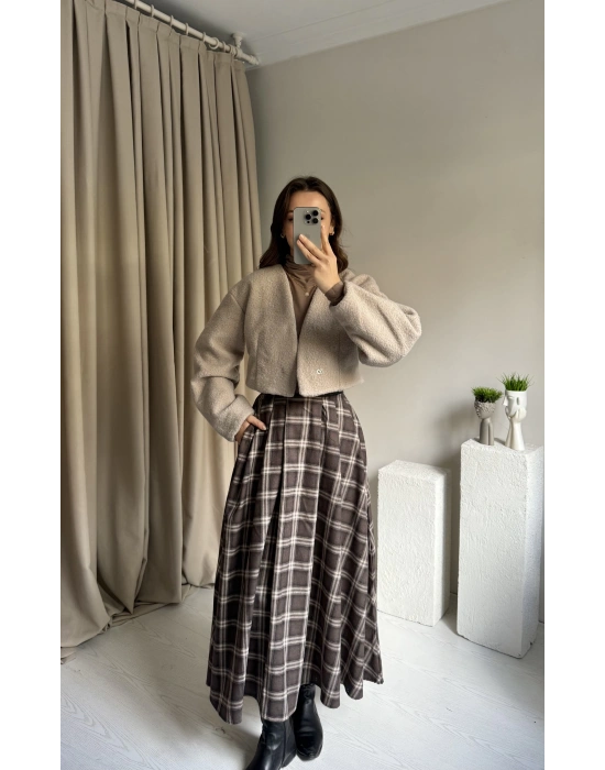 Kahve Ekose Deri Detaylı Etek