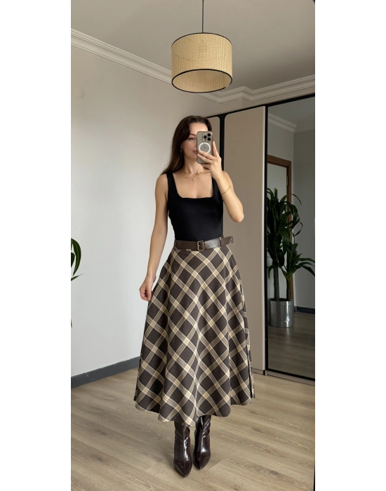 Kahve Ekose Kemerli Etek
