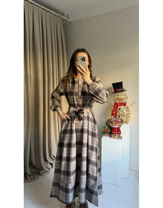 Kahve Ekose Kuşaklı Maxi Boy Elbise