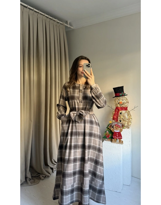 Kahve Ekose Kuşaklı Maxi Boy Elbise
