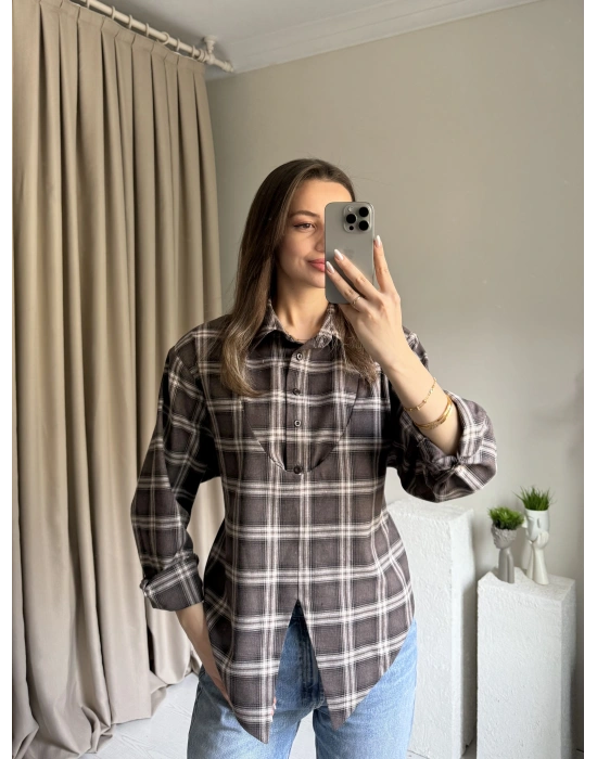 Kahve Ekose Vatkalı Gömlek