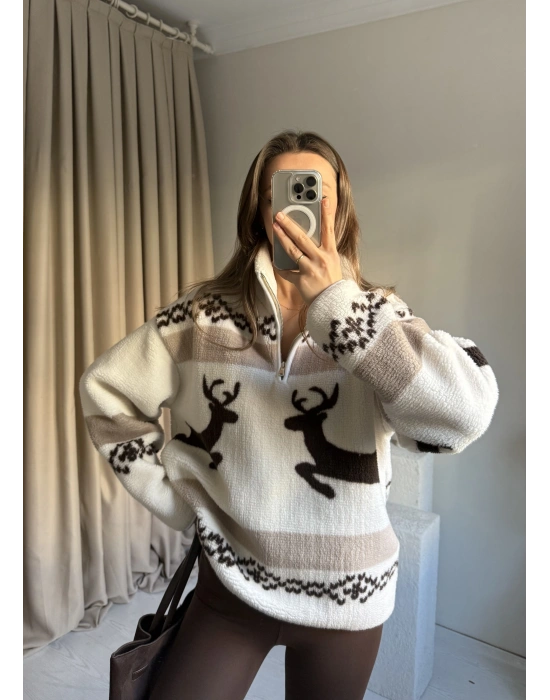 Kahve Geyik Desenli Teddy Kazak