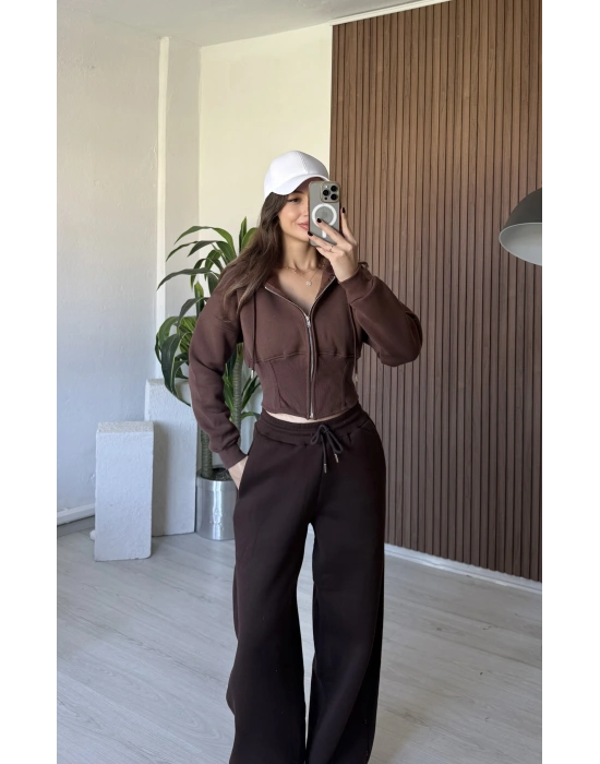 Kahve Kapüşonlu Korse Kesim Hırka