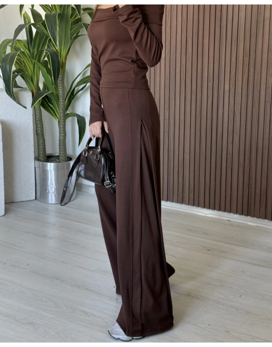 Kahve Kayık Yaka Eşofman Takım