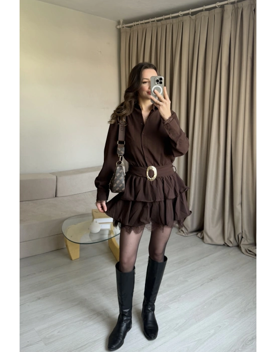 Kahve Kemerli Dantel Elbise