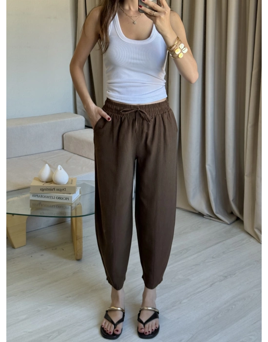 Kahve Keten Yıkamalı Balon Pantolon