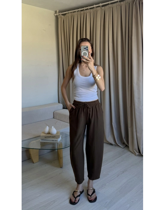Kahve Keten Yıkamalı Balon Pantolon