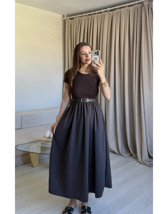 Kahve Kısa Kollu Kaşkorse Elbise