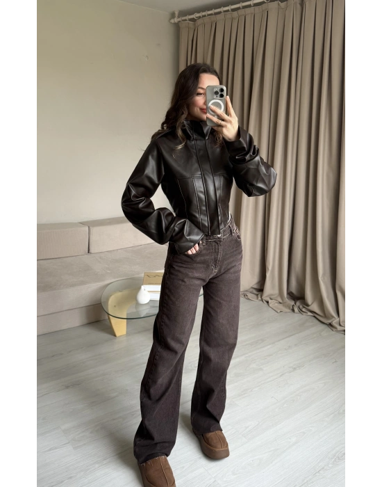 Kahve Korse Kesim Deri Ceket