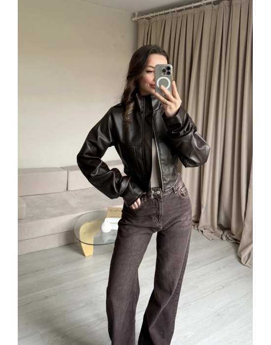 Kahve Korse Kesim Deri Ceket