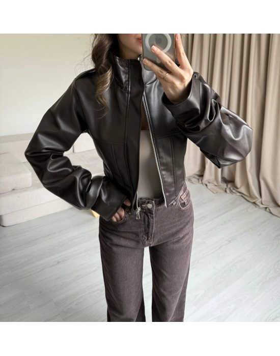 Kahve Korse Kesim Deri Ceket