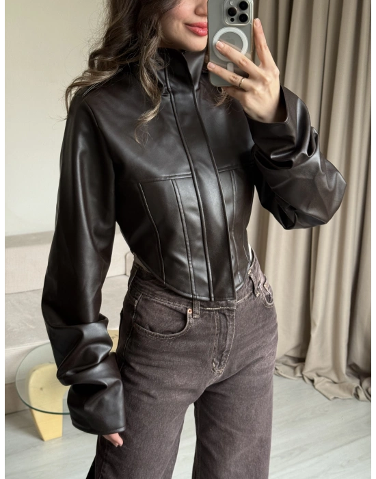 Kahve Korse Kesim Deri Ceket