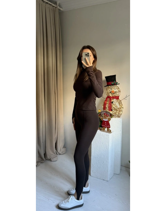 Kahve Lastik Geçirmeli Vatkalı Tayt Takım