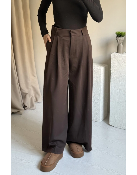 Kahve Muadil Çift Pileli Pantolon