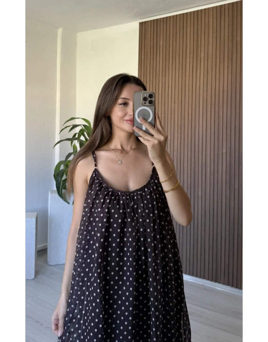 Kahve Puantiye Desenli İp Askı Elbise