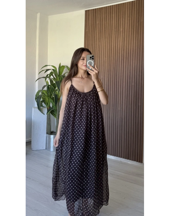 Kahve Puantiye Desenli İp Askı Elbise