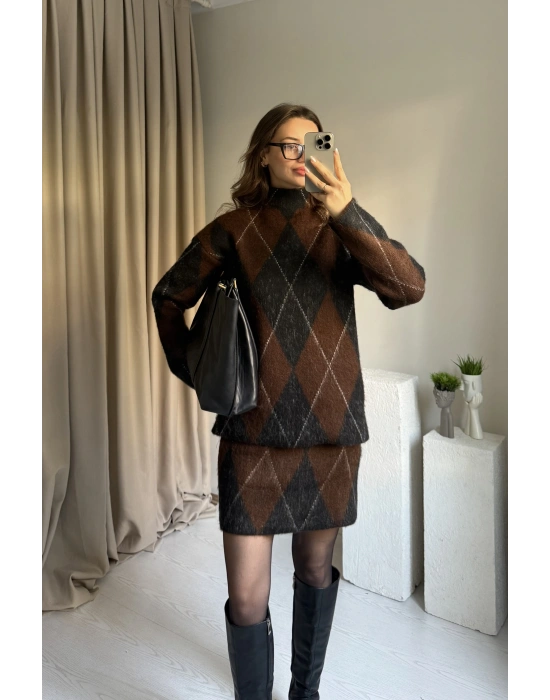 Kahve-Siyah Baklava Desenli Etek Takım