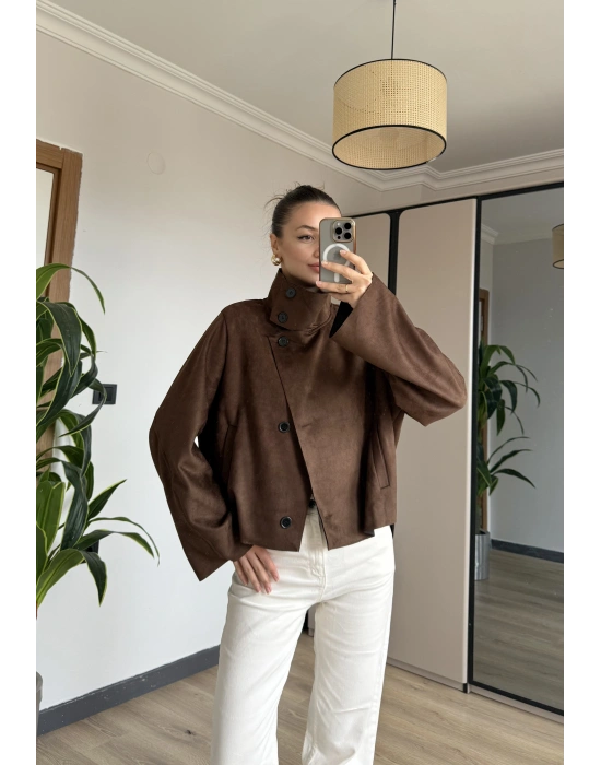 Kahve Süet Dik Yaka Trençkot