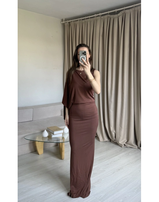 Kahve Tek Kol Modal Elbise