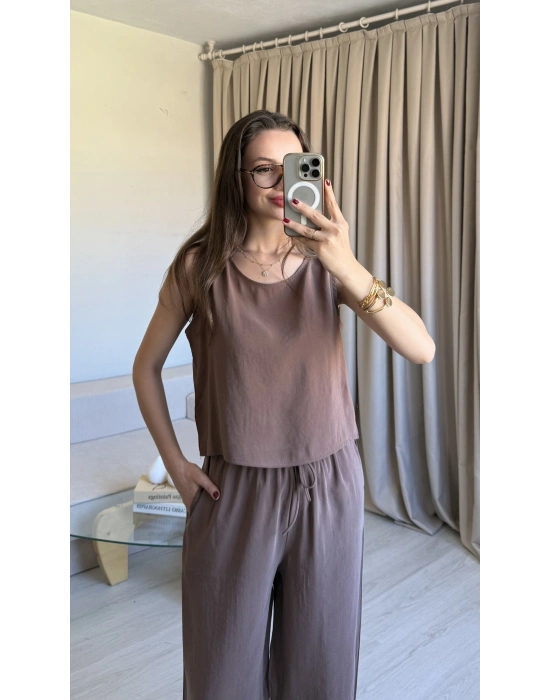 Kahve Tencel Kalın Askılı Takım