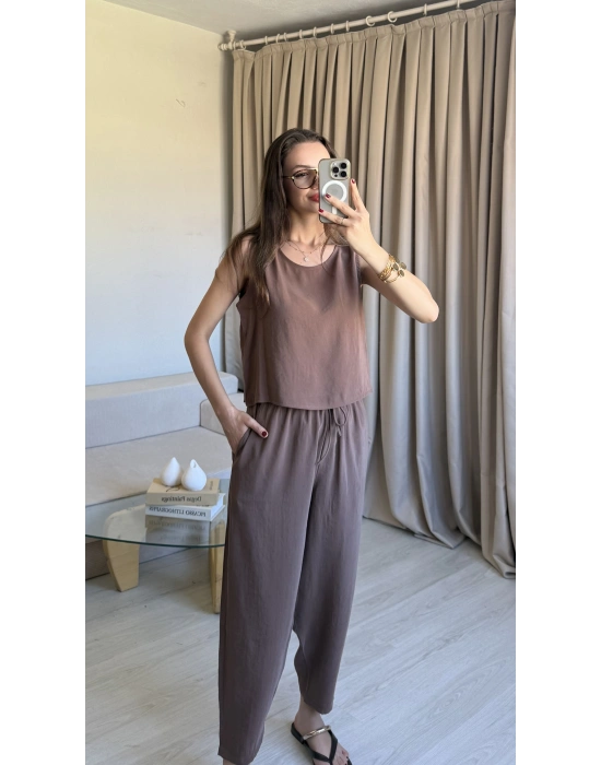 Kahve Tencel Kalın Askılı Takım