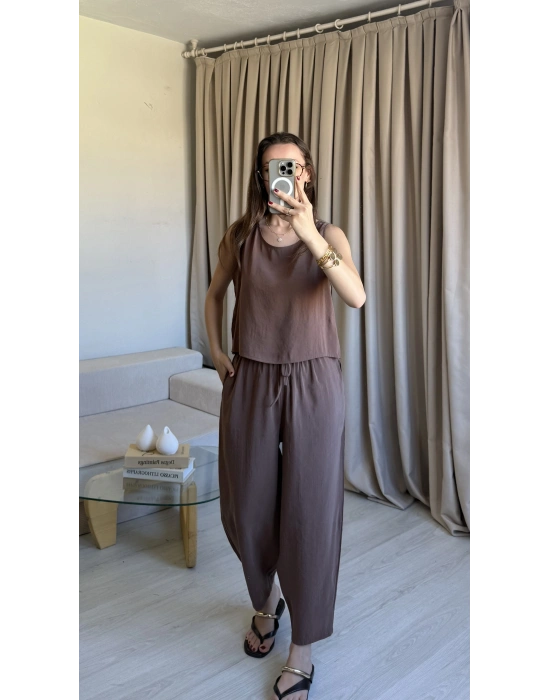 Kahve Tencel Kalın Askılı Takım