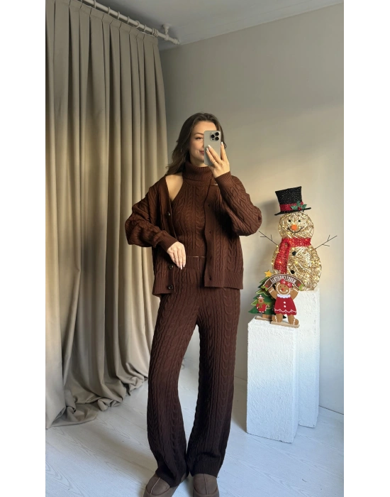 Kahve Üçlü Örgü Triko Takım
