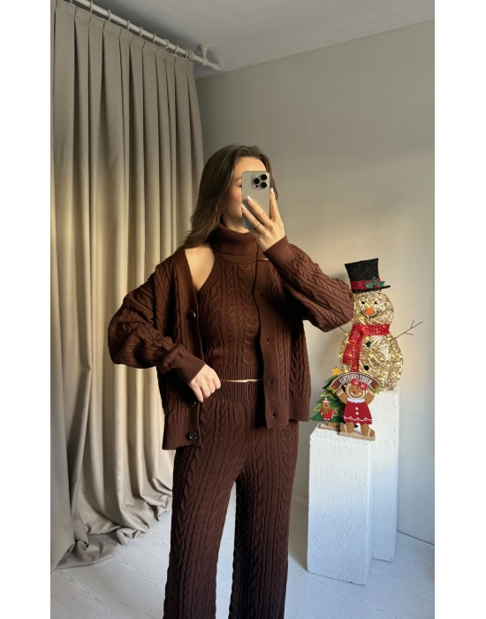 Kahve Üçlü Örgü Triko Takım