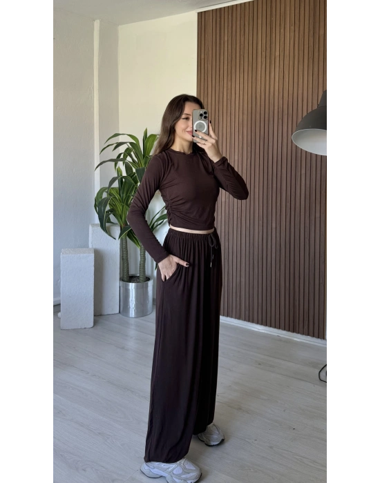 Kahve Yan Büzgülü Eşofman Takımı