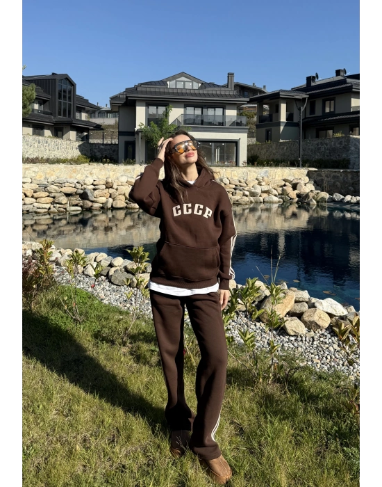 Kahverengi 3 İplik Şardonlu Çizgili Takım