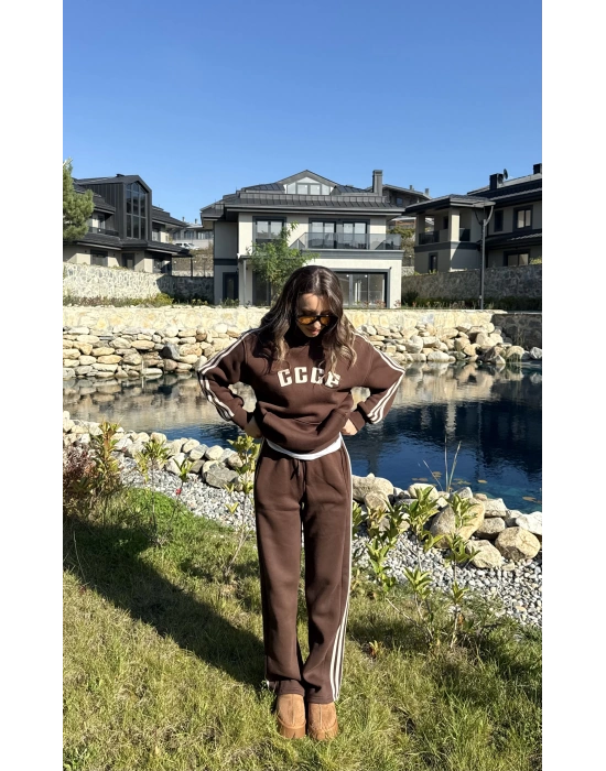 Kahverengi 3 İplik Şardonlu Çizgili Takım