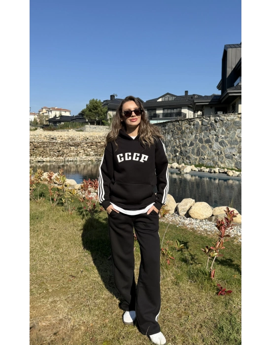 Siyah 3 İplik Şardonlu Çizgili Takım