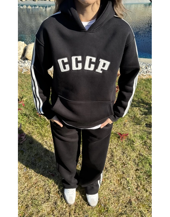 Siyah 3 İplik Şardonlu Çizgili Takım