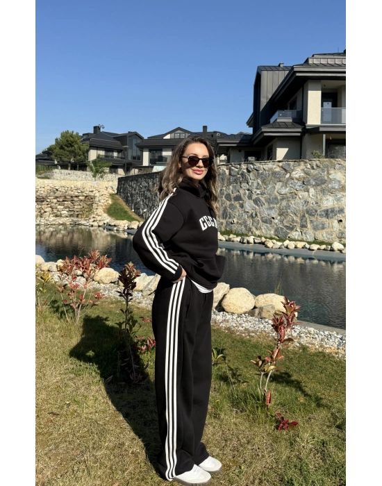 Siyah 3 İplik Şardonlu Çizgili Takım