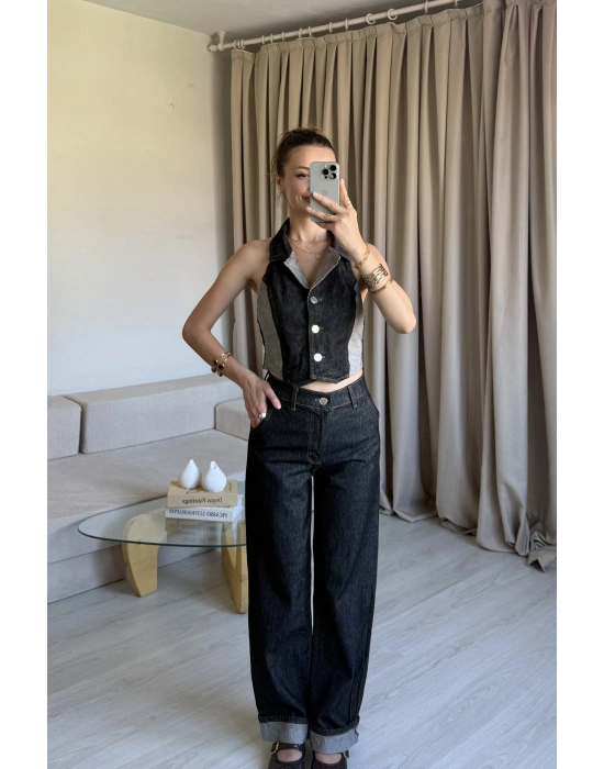 Kahverengi Denim Yelek Takım