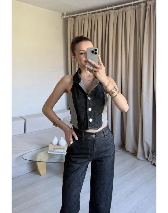 Kahverengi Denim Yelek Takım