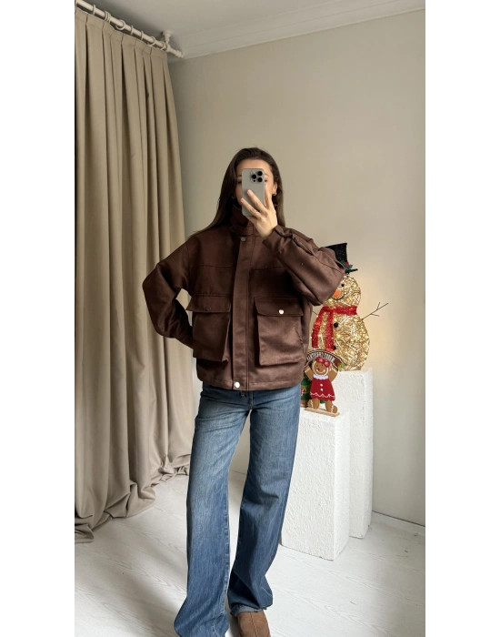 Kahverengi Süet Cepli Ceket