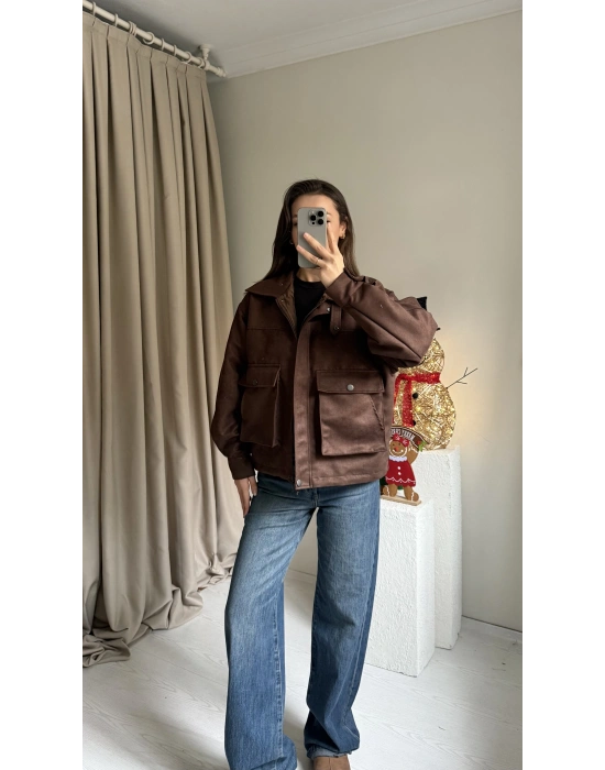 Kahverengi Süet Cepli Ceket