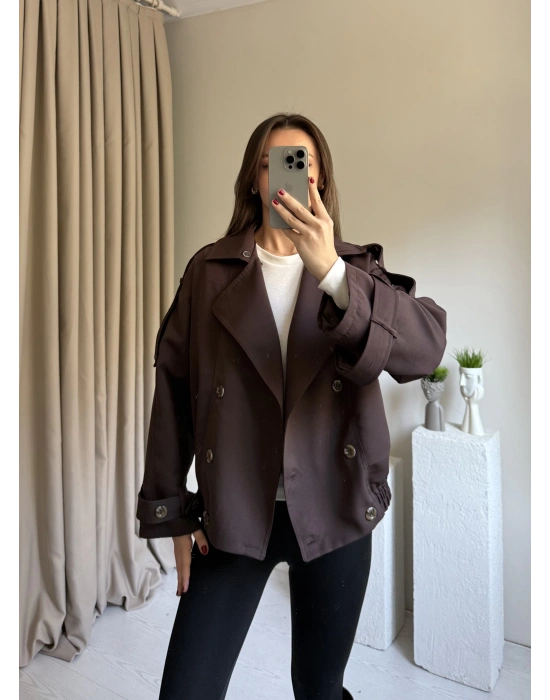 Kahverengi Yakası Kürk Detaylı Trençkot