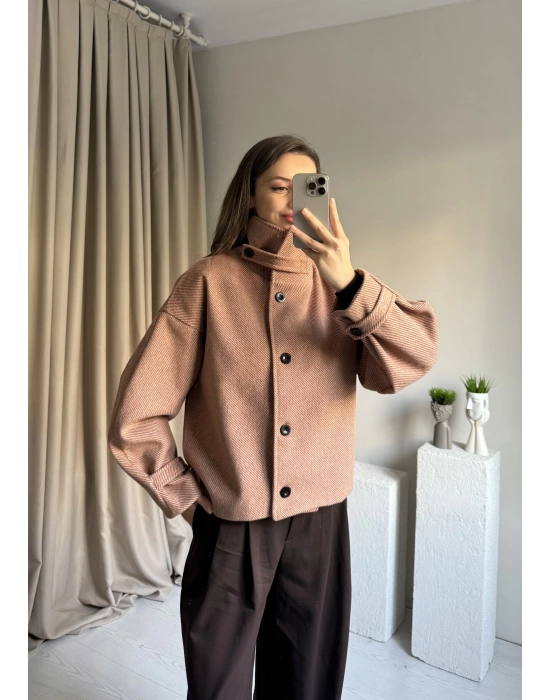 Kiremit Kaşe Düğmeli Çizgili Ceket