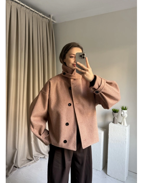 Kiremit Kaşe Düğmeli Çizgili Ceket