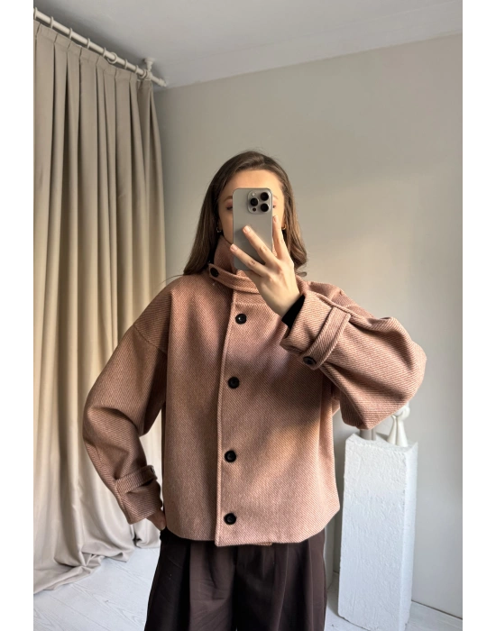 Kiremit Kaşe Düğmeli Çizgili Ceket