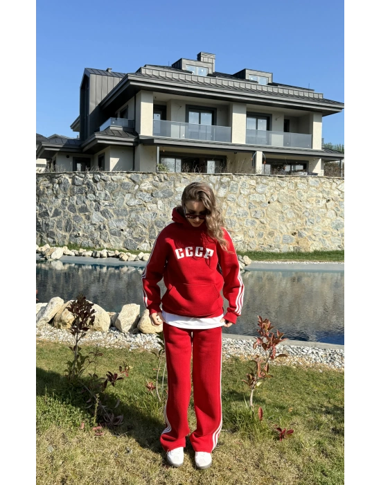 Kırmızı 3 İplik Şardonlu Çizgili Takım