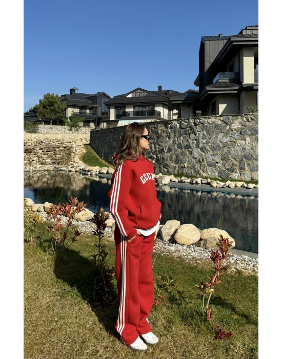 Kırmızı 3 İplik Şardonlu Çizgili Takım