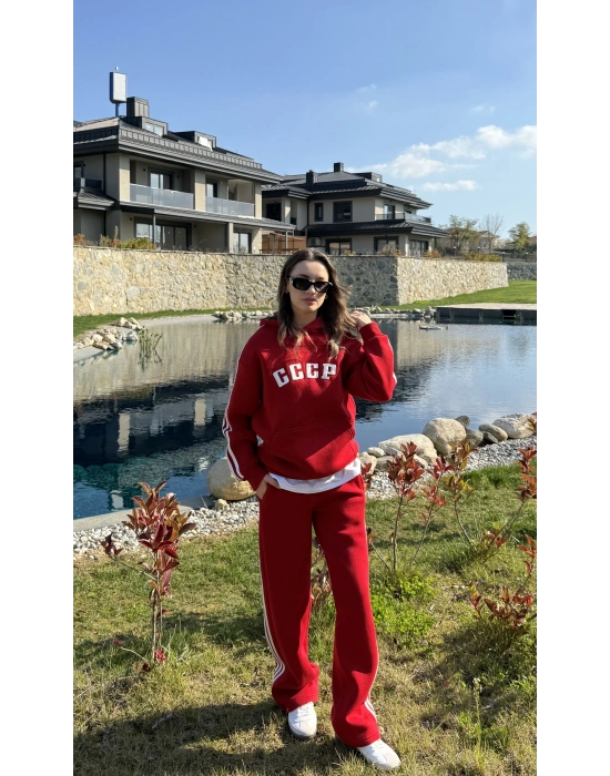 Kırmızı 3 İplik Şardonlu Çizgili Takım