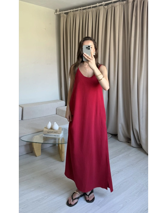 Kırmızı Ayrobin Maxi Boy Askılı Elbise
