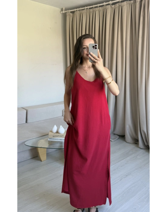 Kırmızı Ayrobin Maxi Boy Askılı Elbise