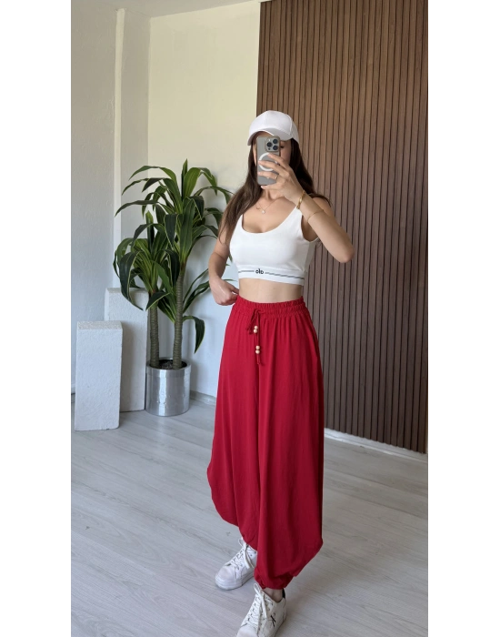 Kırmızı Boncuklu Şalvar Pantolon